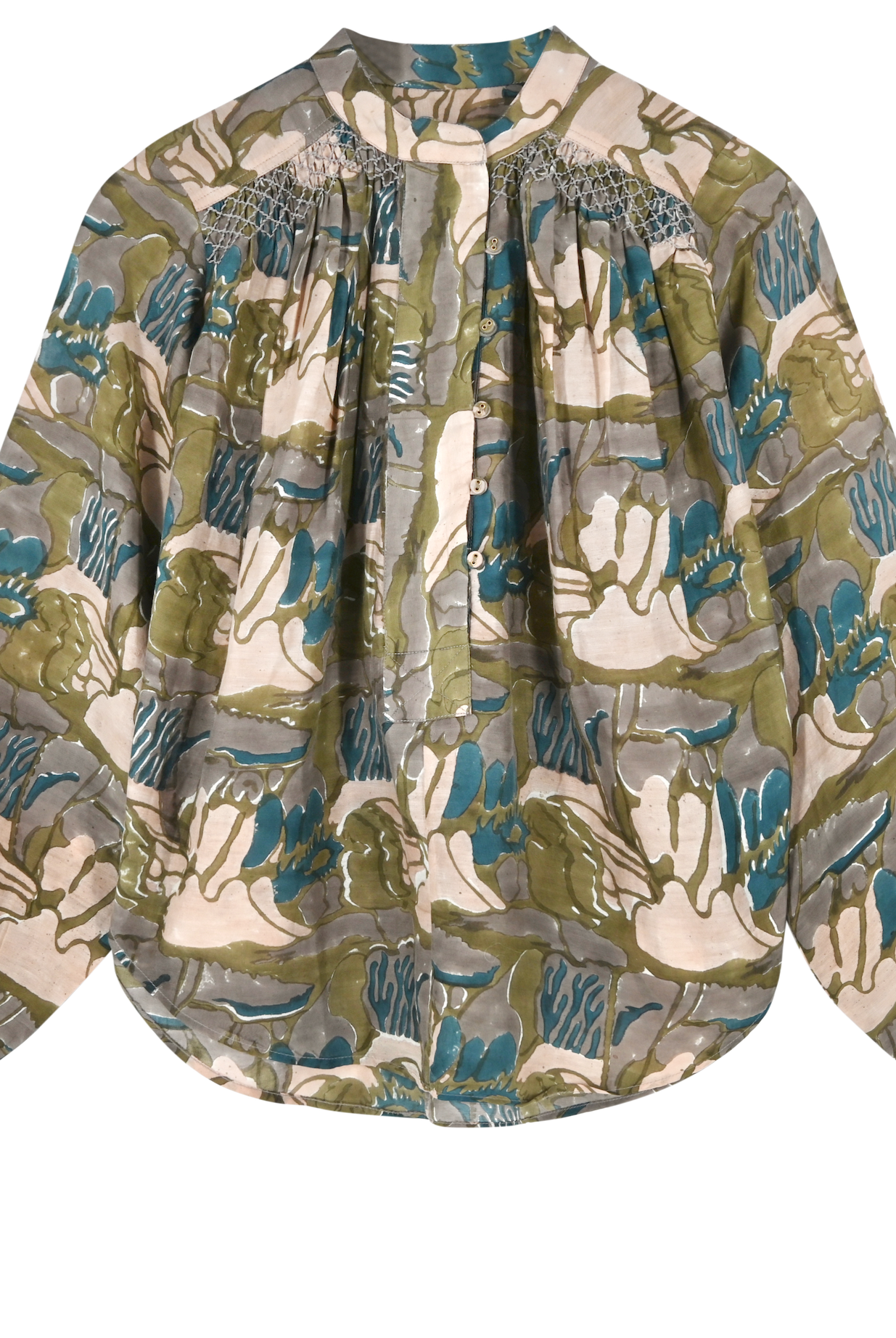 Girl wearing MIRTH women's button up smocked lightweight florence blouse in brown moss reef print cotton