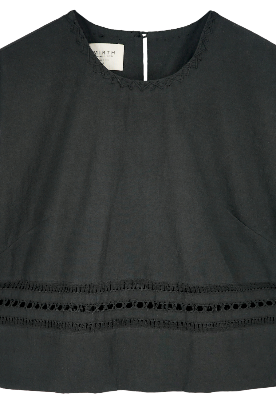 Girl wearing MIRTH women's fringe cutout quarter sleeve sintra top in black cotton