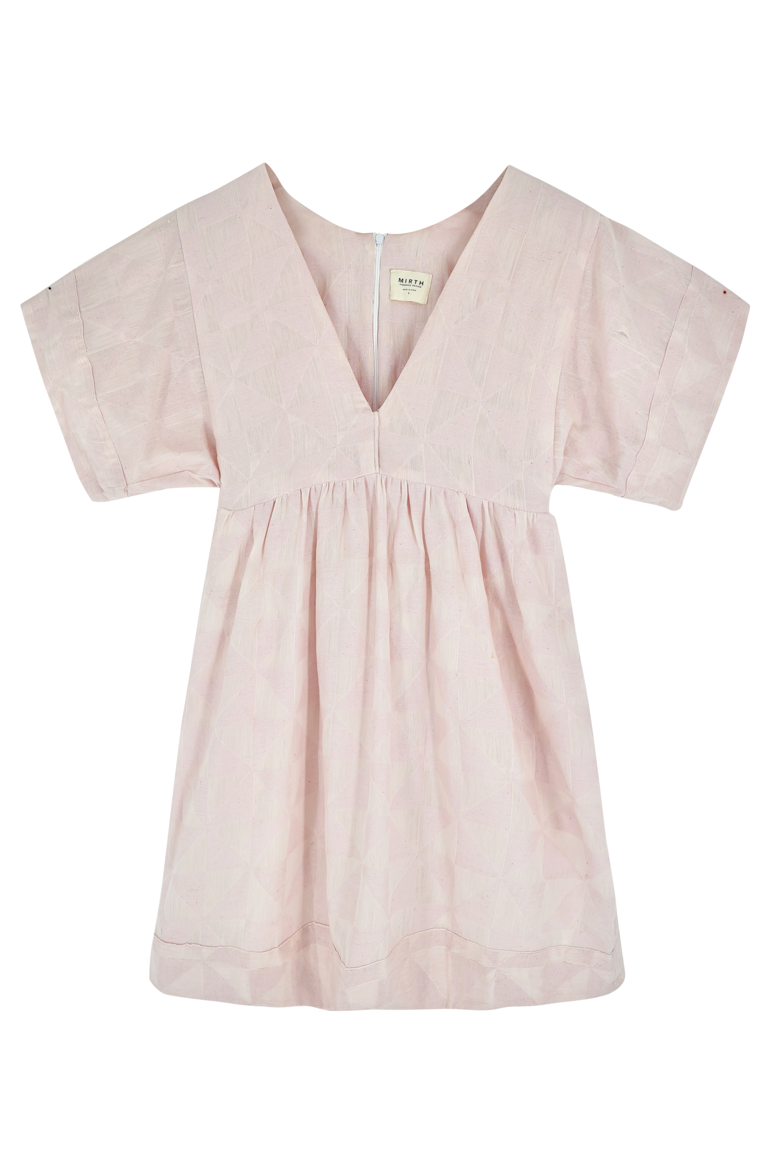 Girl wearing MIRTH women's v-neck short sonoma dress in handloomed light pink rosa cotton jacquard