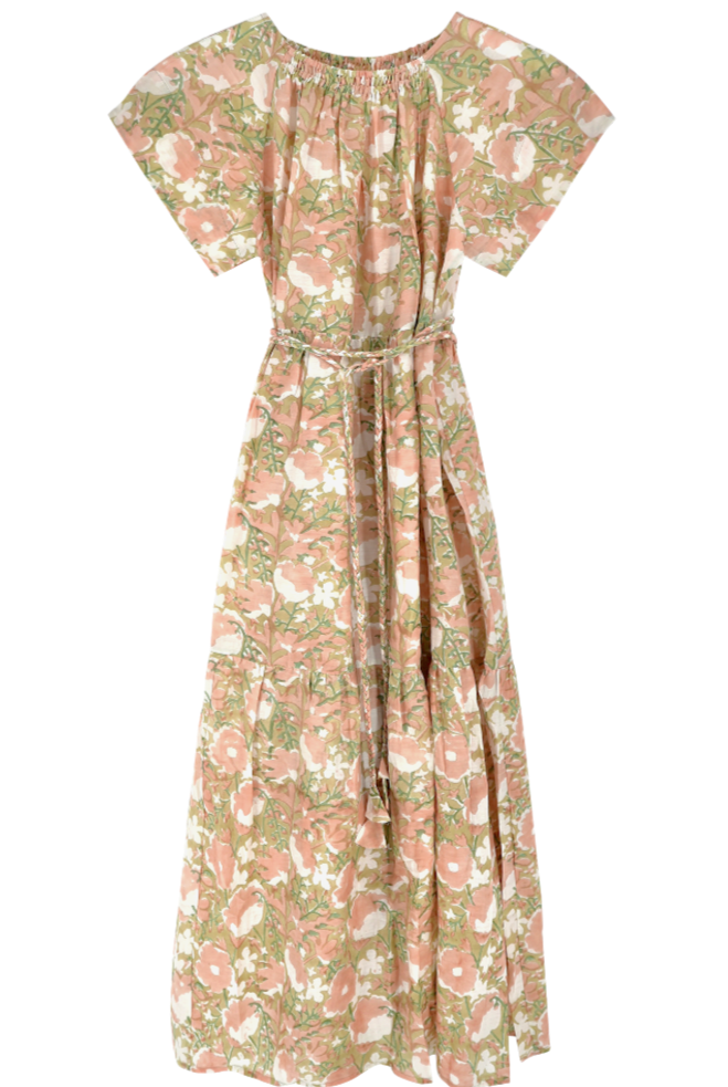 Girl wearing MIRTH women's long tiered short sleeve vienna maxi dress in snapdragon bloom pink floral print cotton