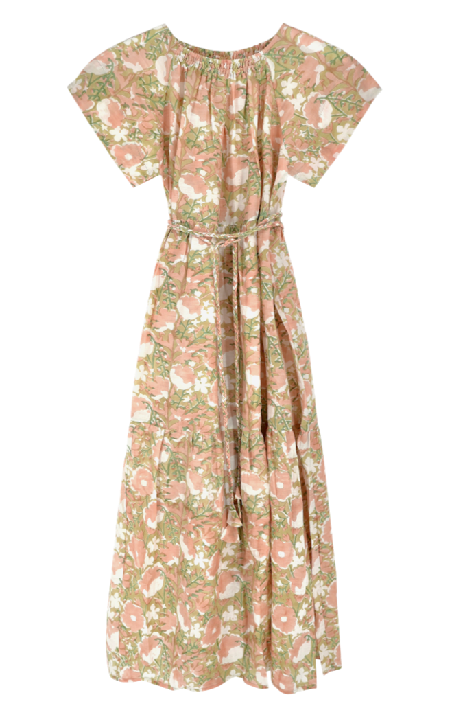 Girl wearing MIRTH women's long tiered short sleeve vienna maxi dress in snapdragon bloom pink floral print cotton