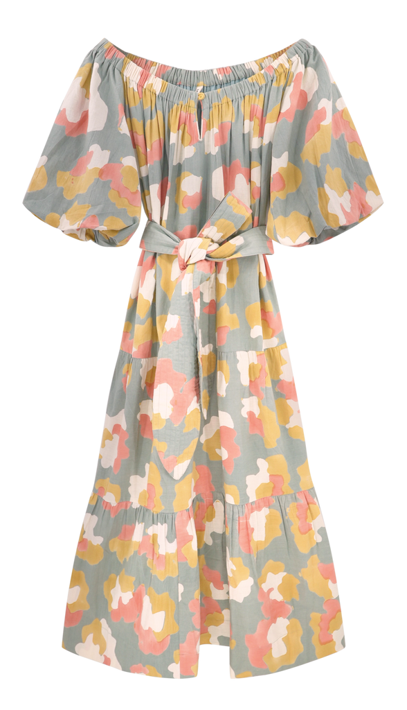 Girl wearing MIRTH women's long tiered short sleeve capri maxi dress in waterlily grey floral cotton