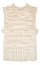 Girl wearing MIRTH women's sleeveless carmel open side knit sweater vest in snow white alpaca wool