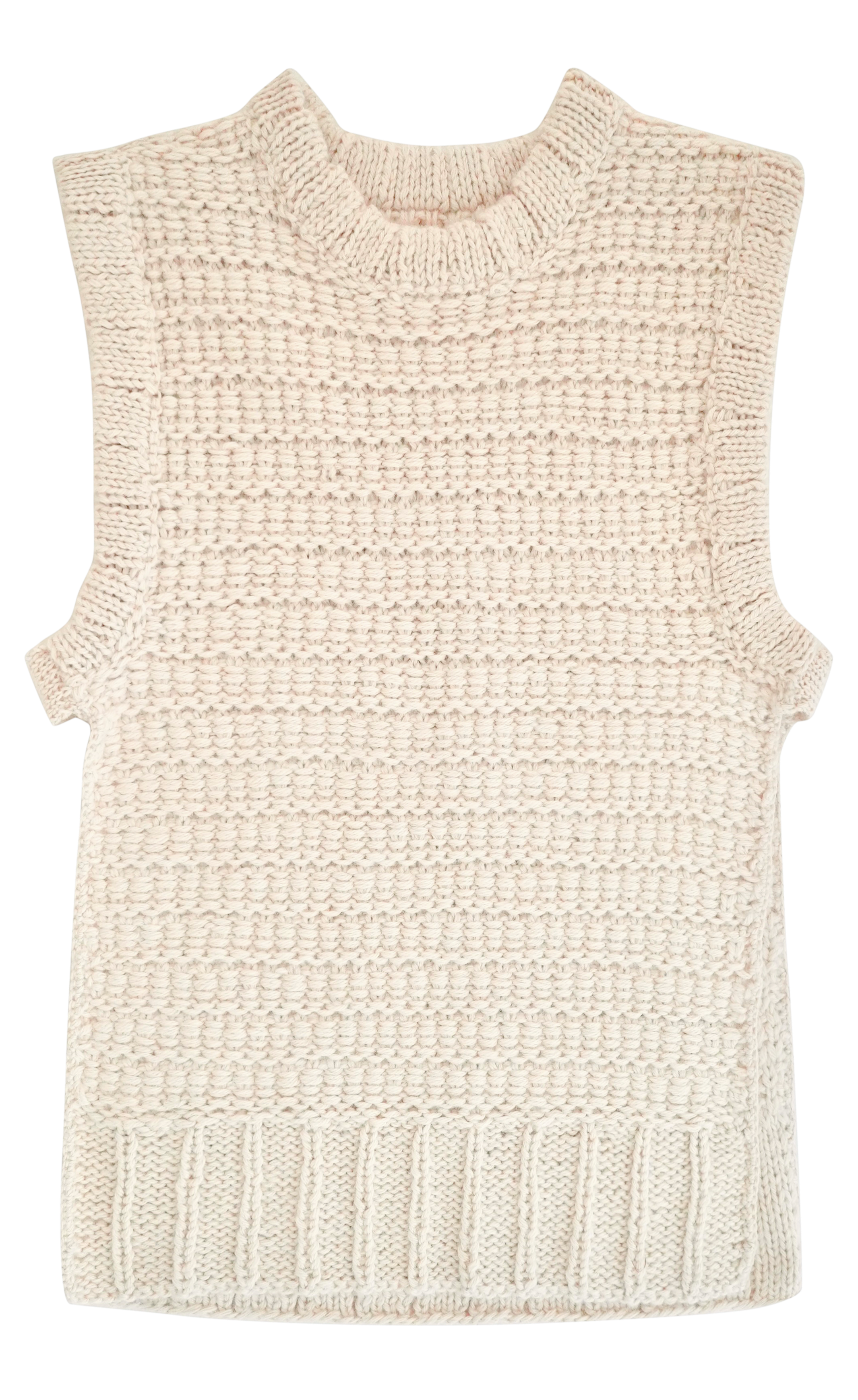 Girl wearing MIRTH women's sleeveless carmel open side knit sweater vest in snow white alpaca wool