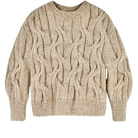 Girl wearing MIRTH women's handknit cortina cable pullover sweater in camel brown wool