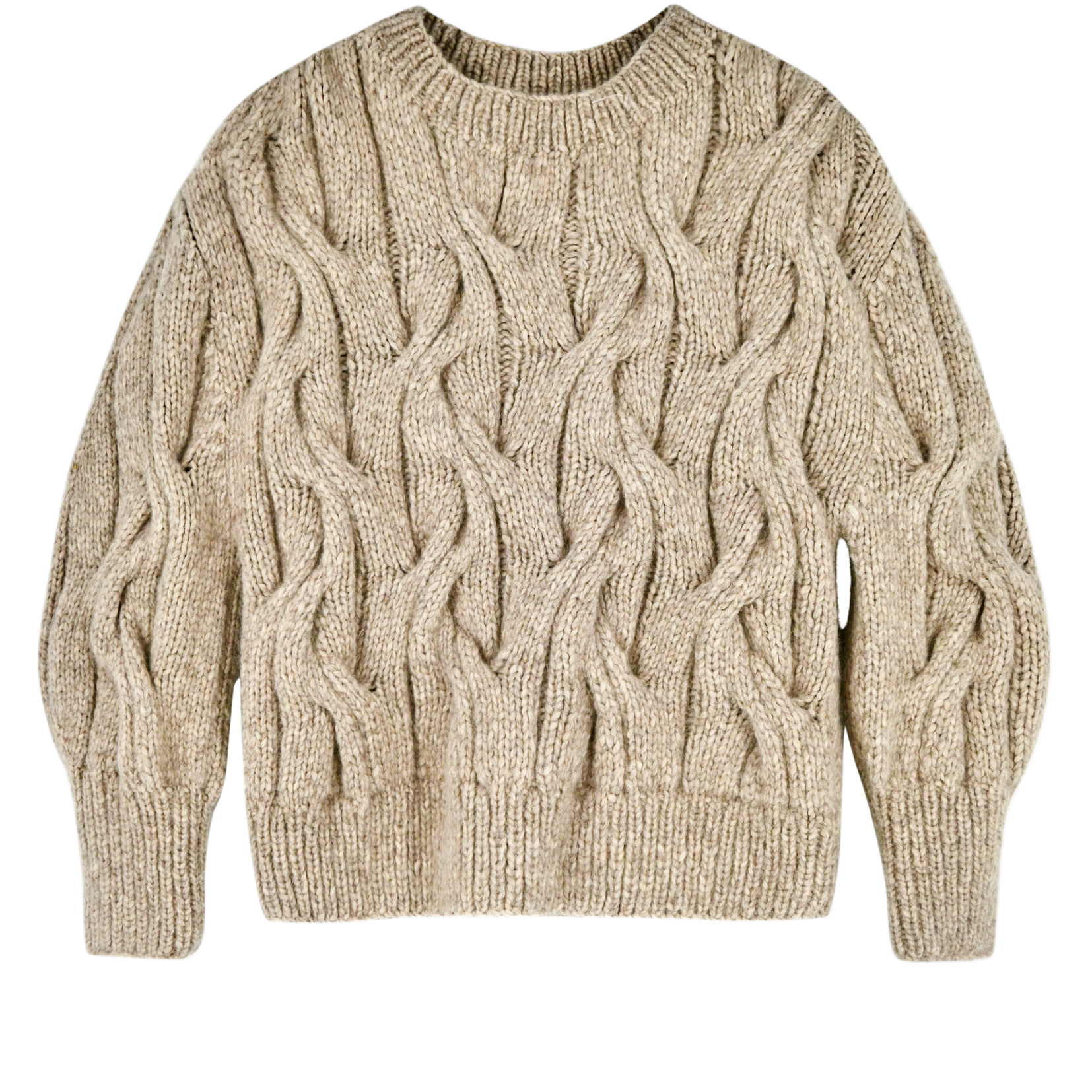 Girl wearing MIRTH women's handknit cortina cable pullover sweater in camel brown wool