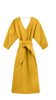 Girl wearing MIRTH women's v neck open back belted curacao long caftan in gilded yellow poplin