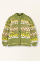 Green knitted cardigan with pattern on a white background