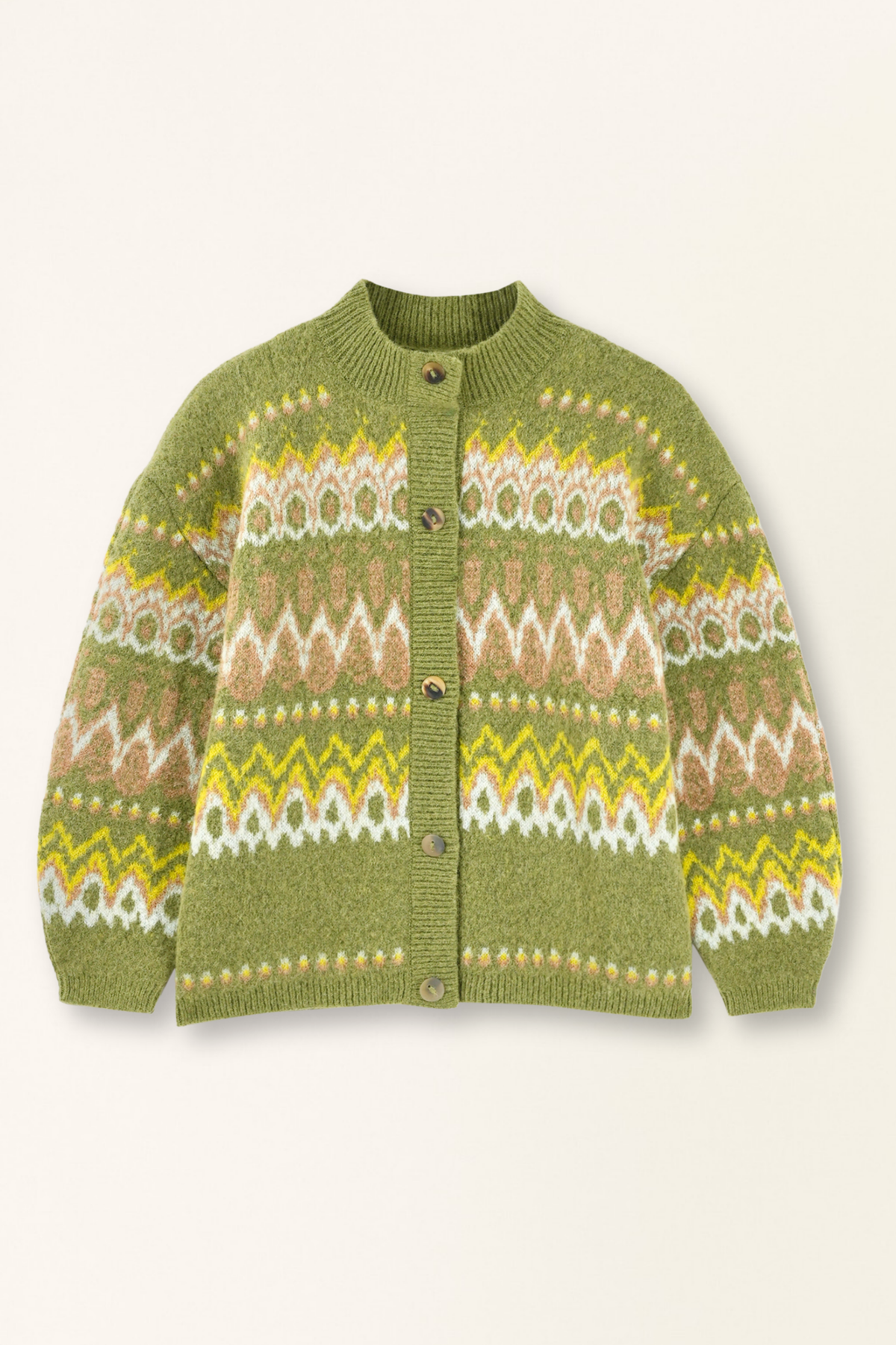 Green knitted cardigan with pattern on a white background