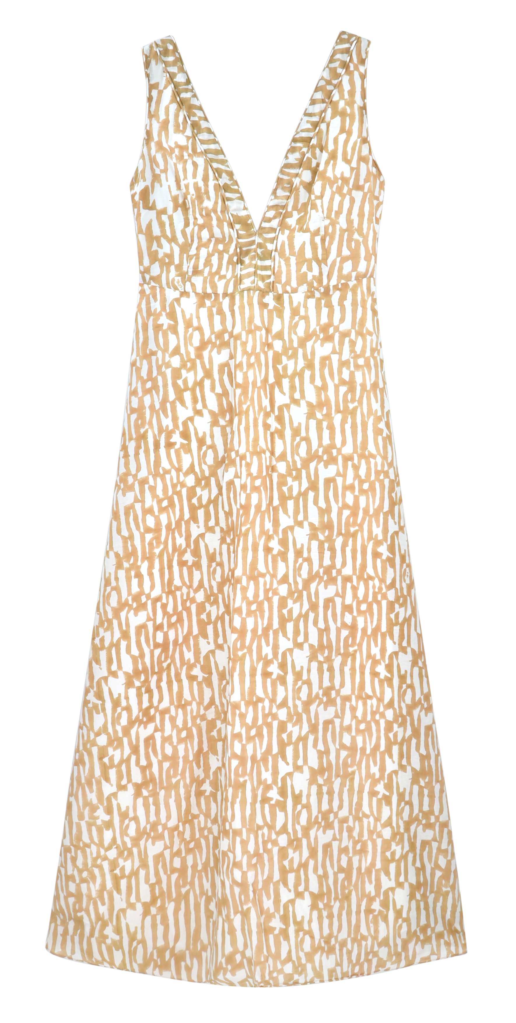 Girl wearing MIRTH women's v neck open back sleeveless cyprus long dress in driftwood brown print cotton silk