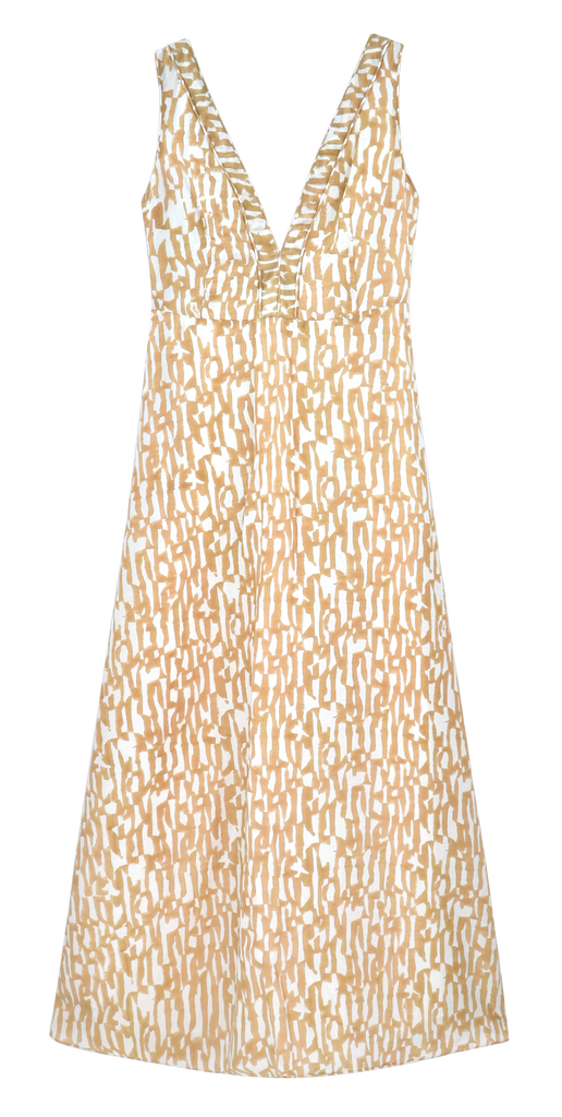 Girl wearing MIRTH women's v neck open back sleeveless cyprus long dress in driftwood brown print cotton silk