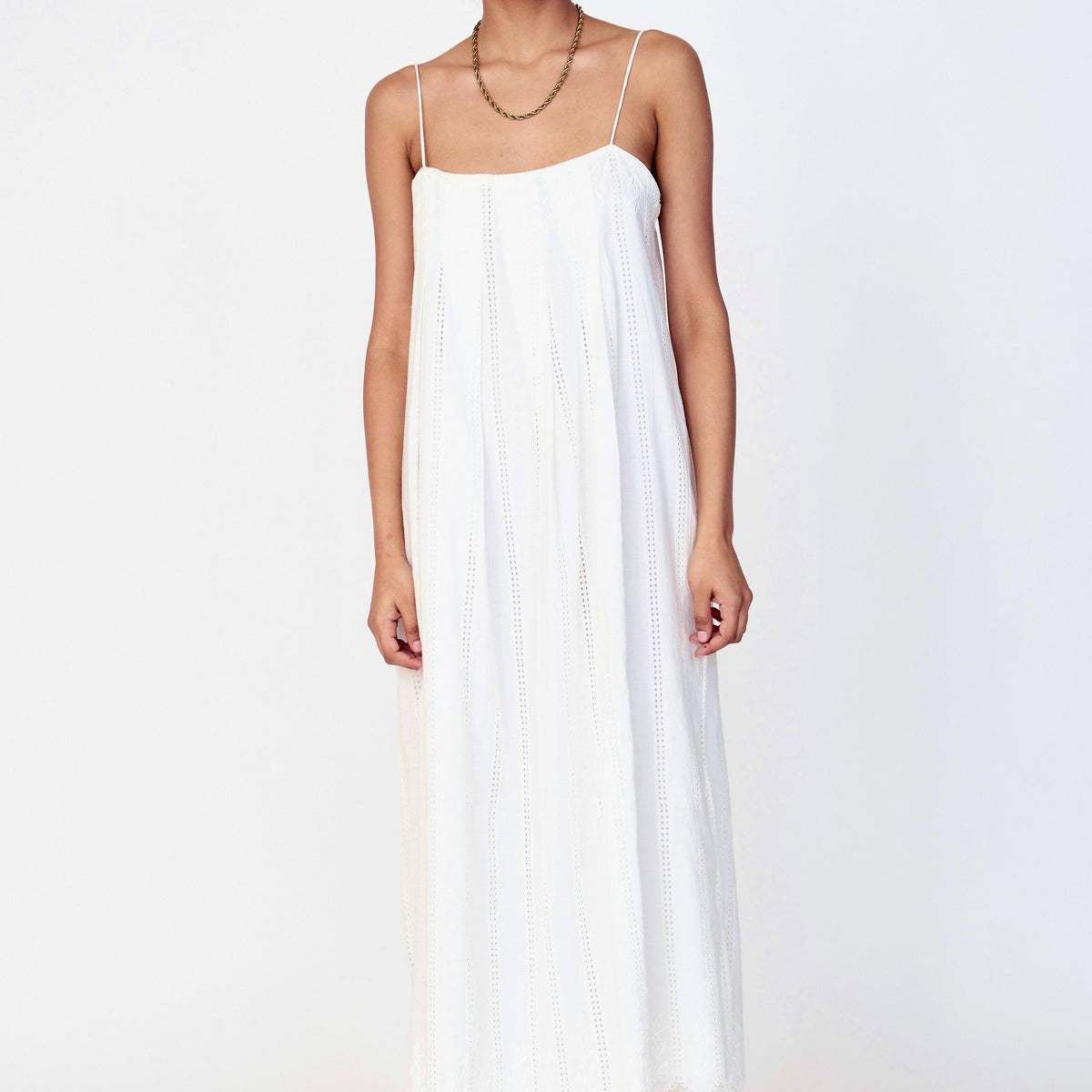 Mirth Zuma White Vine Eyelet Dress, Large. Adjustable Straps, Scalloped Hem & Pleated Elegance in 100% Cotton