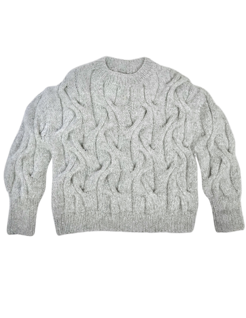 Girl wearing MIRTH women's handknit cortina cable pullover sweater in dove grey wool