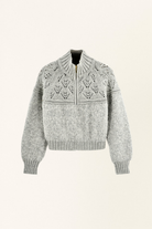 Gray knitted sweater with a patterned design on a white background