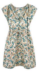 Girl wearing MIRTH women's v neck short sleeve komodo short dress in plumeria blue floral print cotton