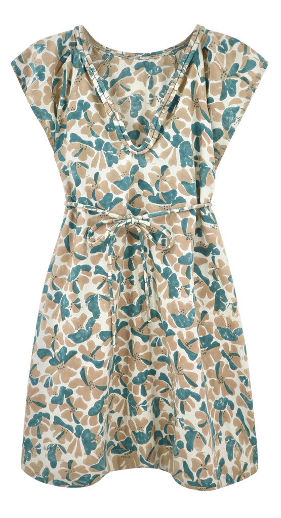 Girl wearing MIRTH women's v neck short sleeve komodo short dress in plumeria blue floral print cotton