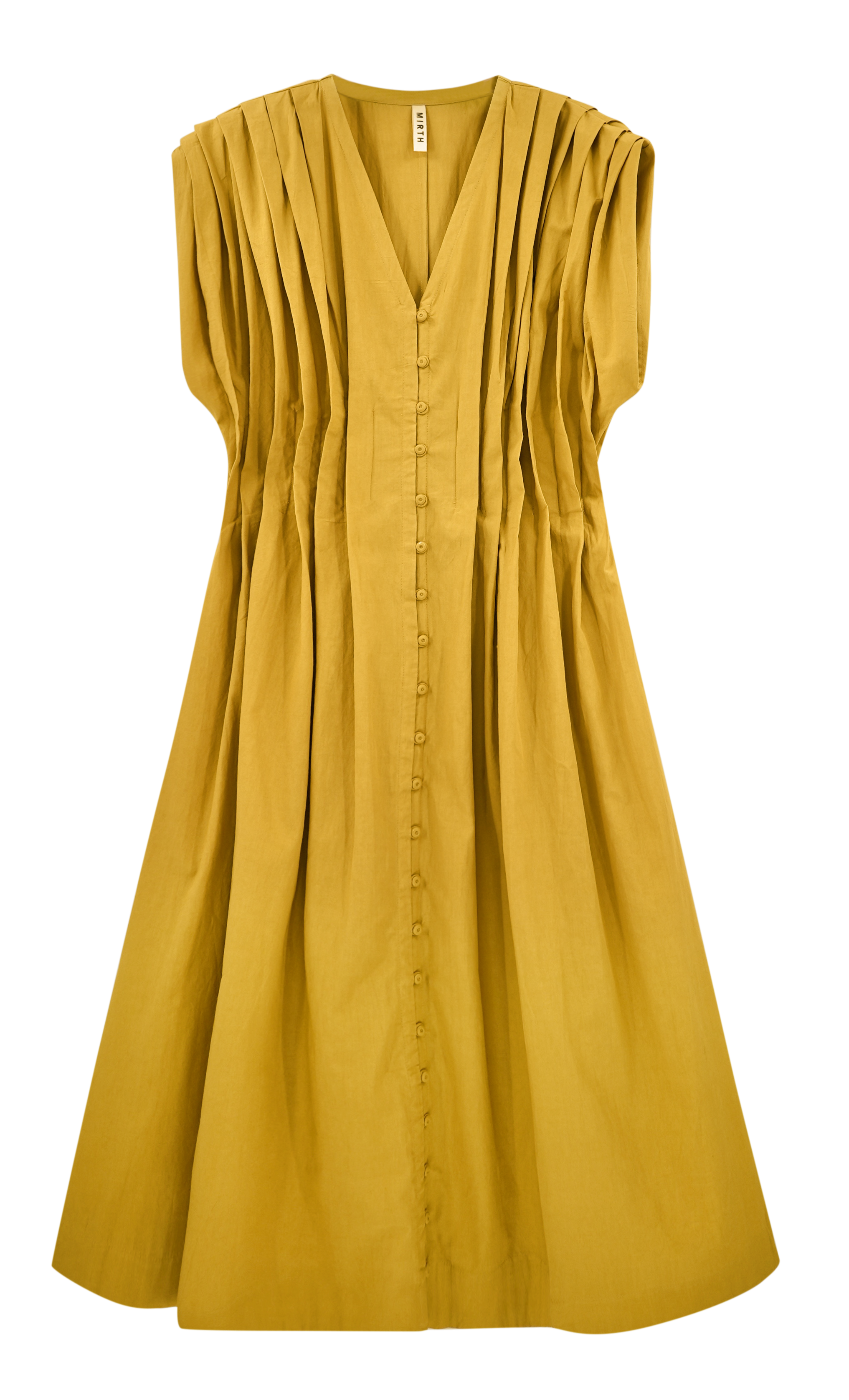 Girl wearing MIRTH women's midi v neck pleated korcula dress in gilded yellow cotton