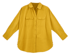 Girl wearing MIRTH women's button up long sleeve kyoto shirt in gilded yellow cotton