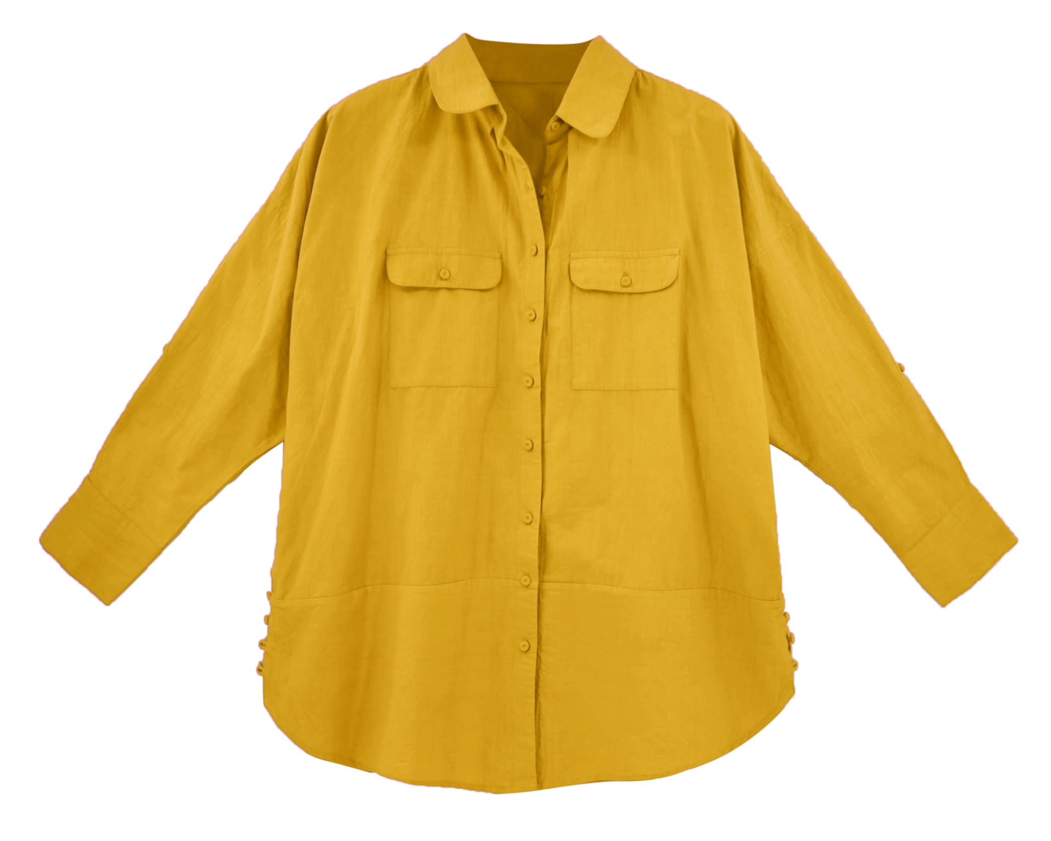 Girl wearing MIRTH women's button up long sleeve kyoto shirt in gilded yellow cotton