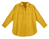 Girl wearing MIRTH women's button up long sleeve kyoto shirt in gilded yellow cotton