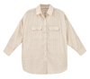 Girl wearing MIRTH women's button up long sleeve kyoto shirt in parchment boxweave cream cotton