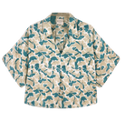 Girl wearing MIRTH women's v neck collared three quarter sleeve lanai top in plumeria blue floral print cotton