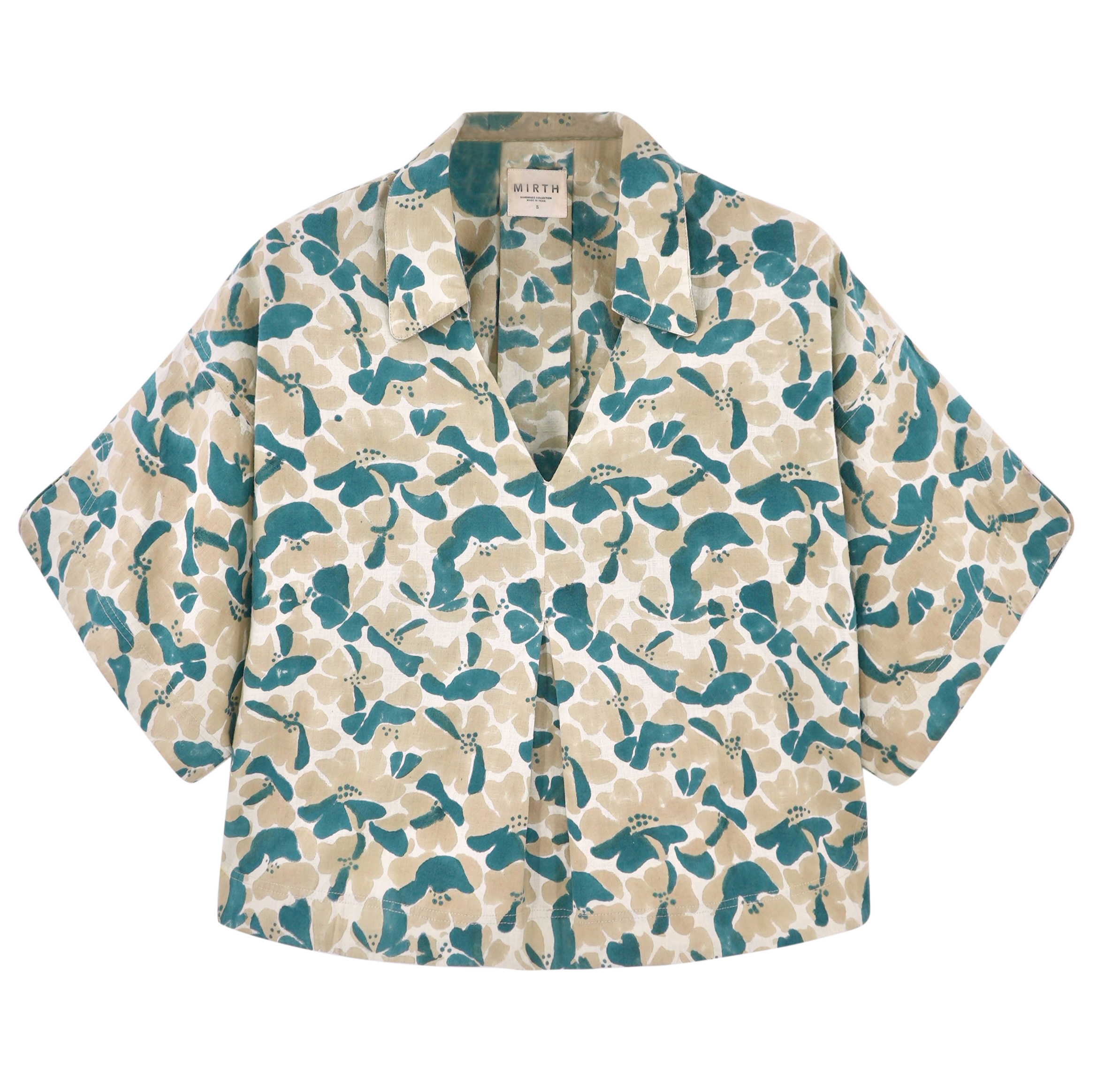 Girl wearing MIRTH women's v neck collared three quarter sleeve lanai top in plumeria blue floral print cotton