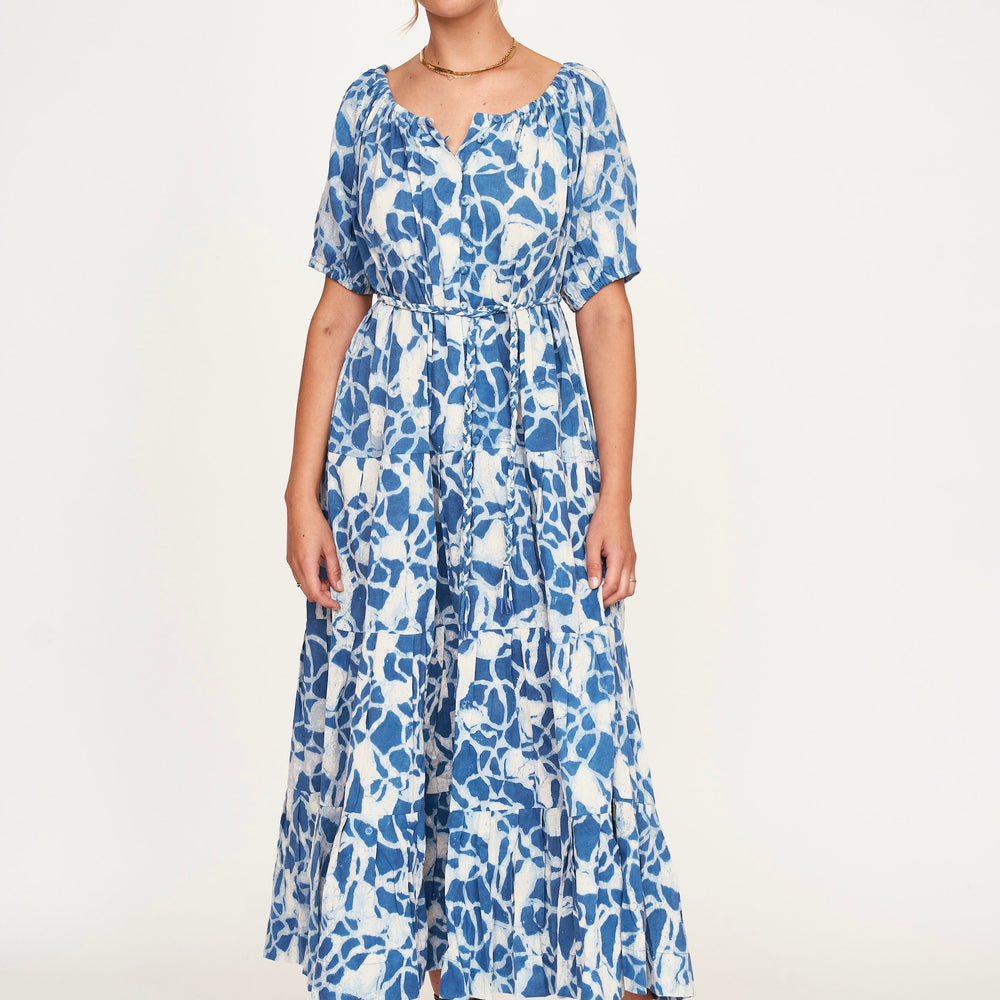Mirth Capri Maxi Dress in Indigo Crackle, X-Small. Versatile On/Off Shoulder, Tiered Skirt, Pockets & Tie Belt. Unique Handmade Cotton