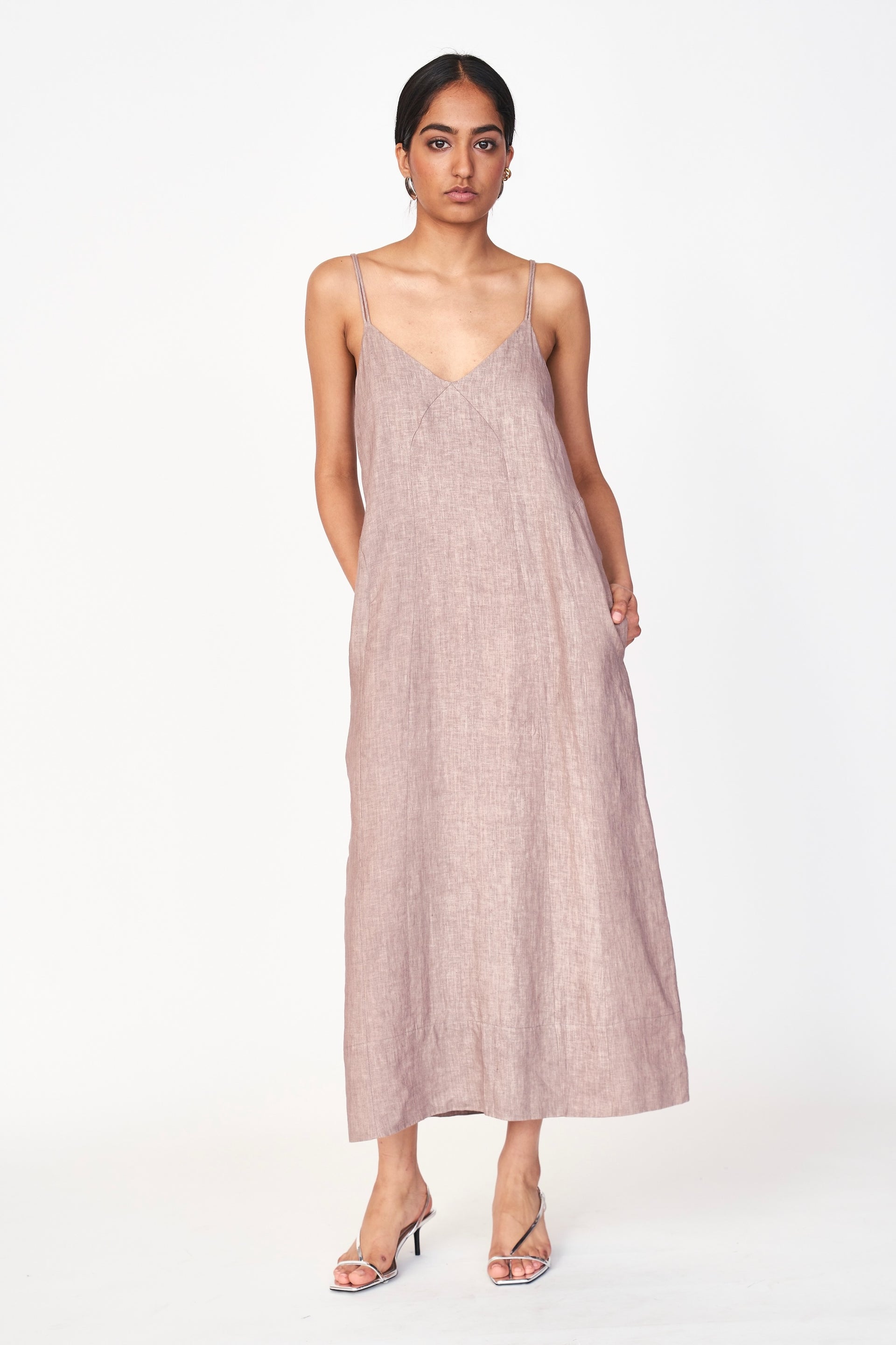 Mirth Como Mushroom 100% Linen Slip Dress with V-Neck & Ankle Length Side Pockets - Cotton Lined