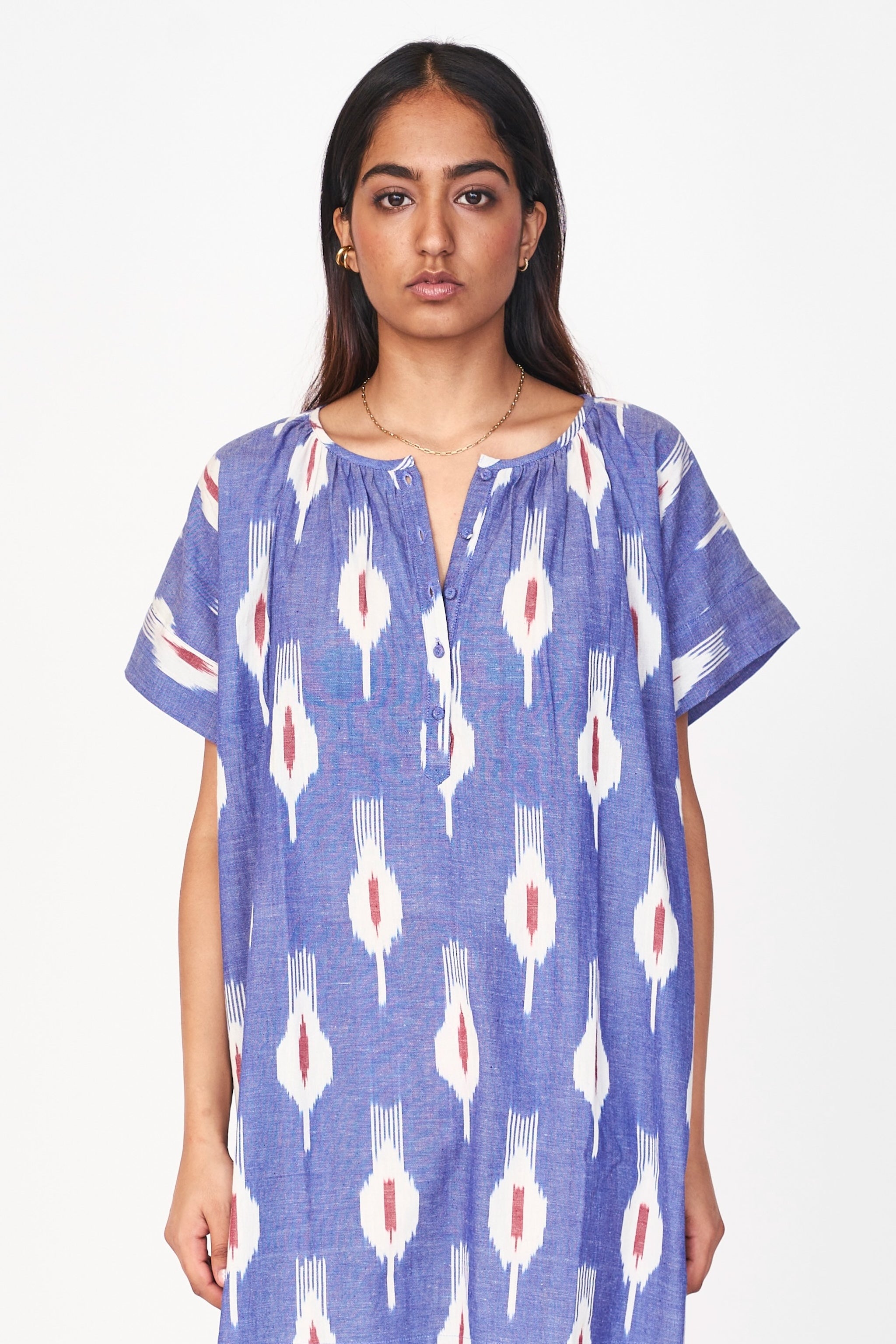 Girl wearing MIRTH women's short nightgown dress in nautical ikat blue cotton