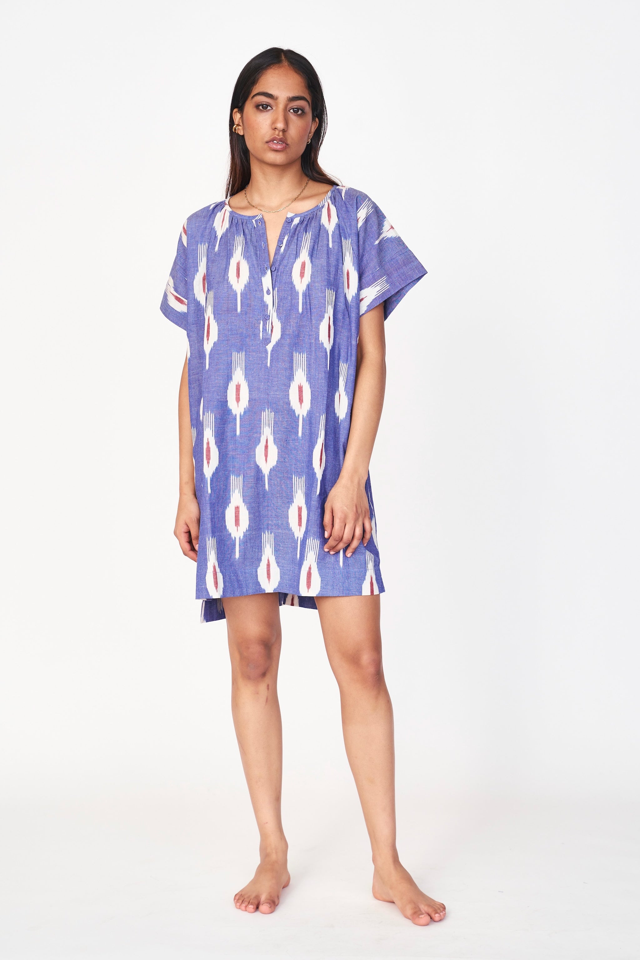 Girl wearing MIRTH women's short nightgown dress in nautical ikat blue cotton