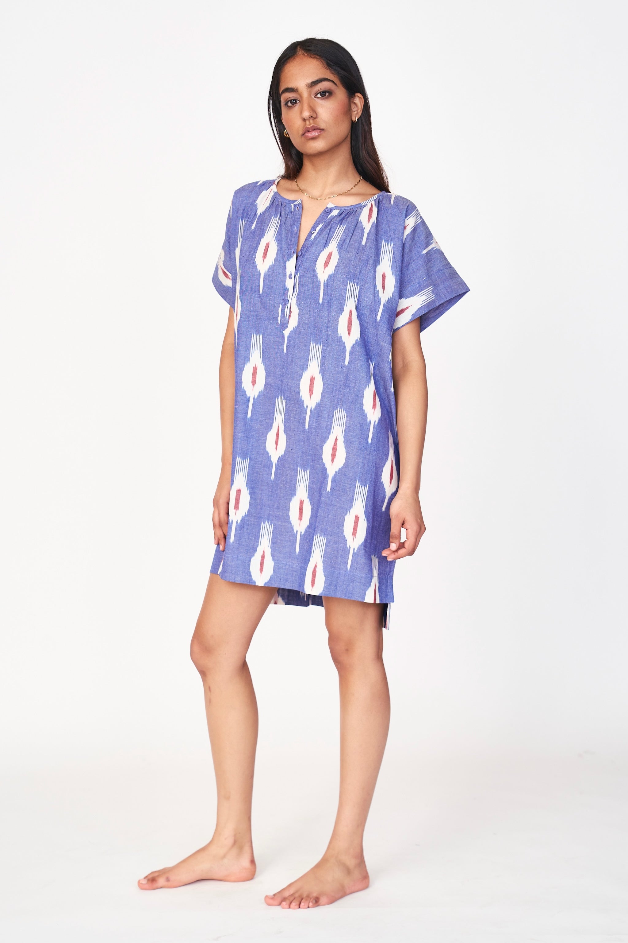 Girl wearing MIRTH women's short nightgown dress in nautical ikat blue cotton