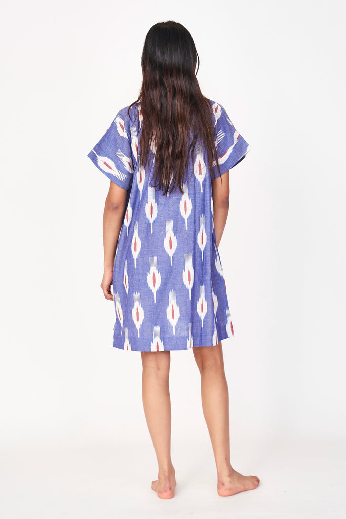 Girl wearing MIRTH women's short nightgown dress in nautical ikat blue cotton
