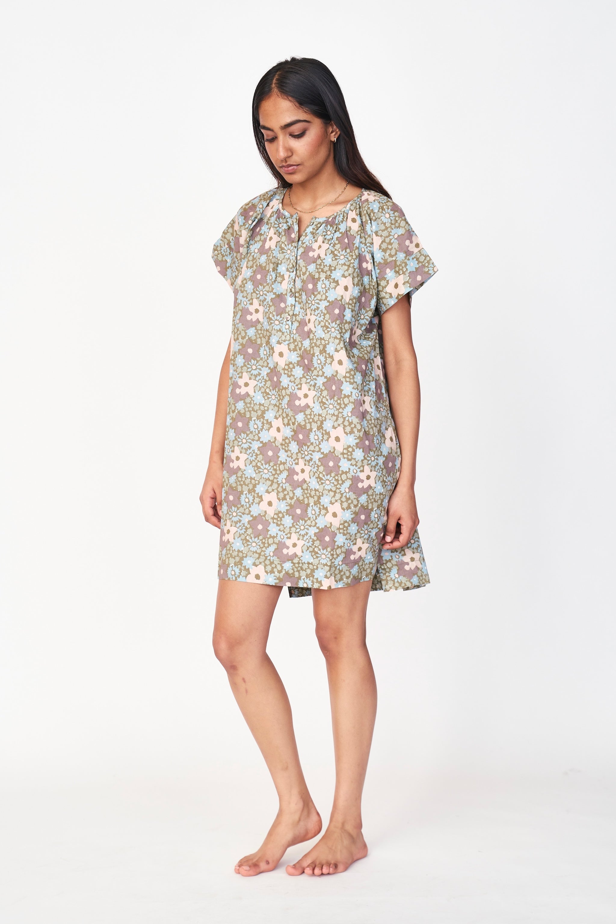 Girl wearing MIRTH women's short nightgown dress in stargazer grey cotton