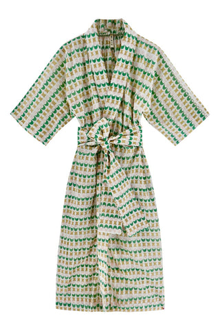 Girl wearing MIRTH women's laos cotton bathrobe in jawbreaker green cotton