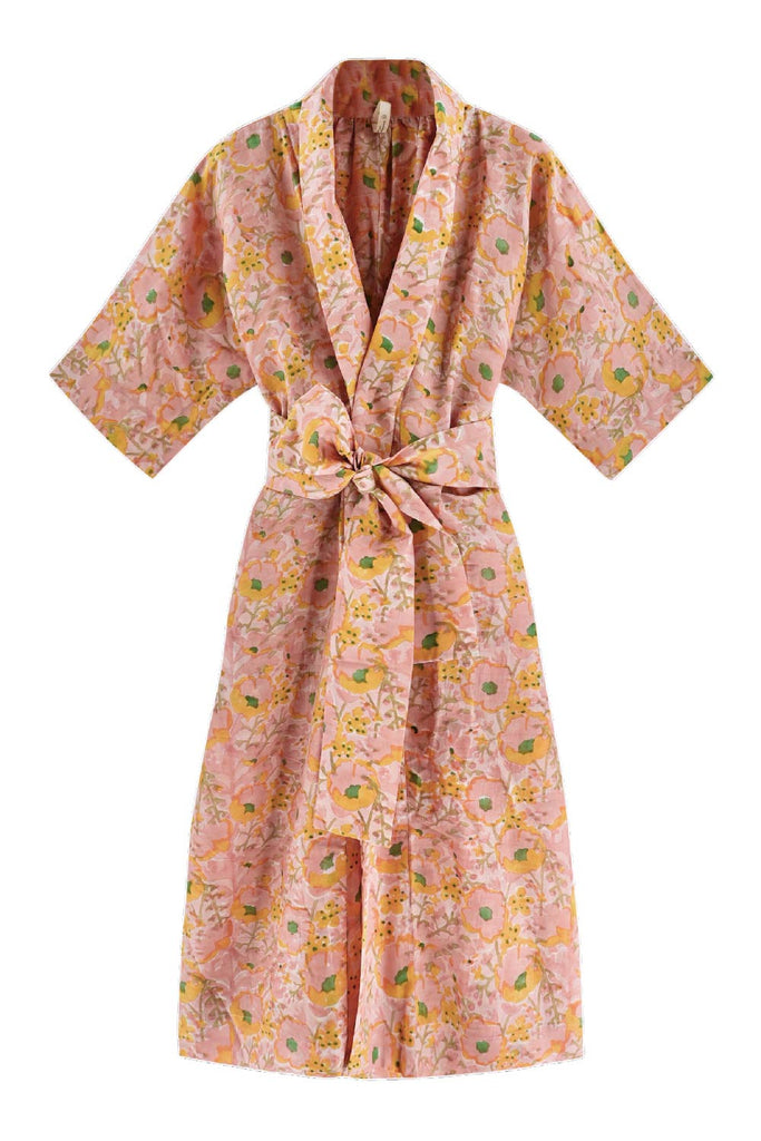 Girl wearing MIRTH women's laos cotton bathrobe in pink lemonade cotton