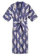 Girl wearing MIRTH women's laos cotton bathrobe in nautical ikat blue cotton