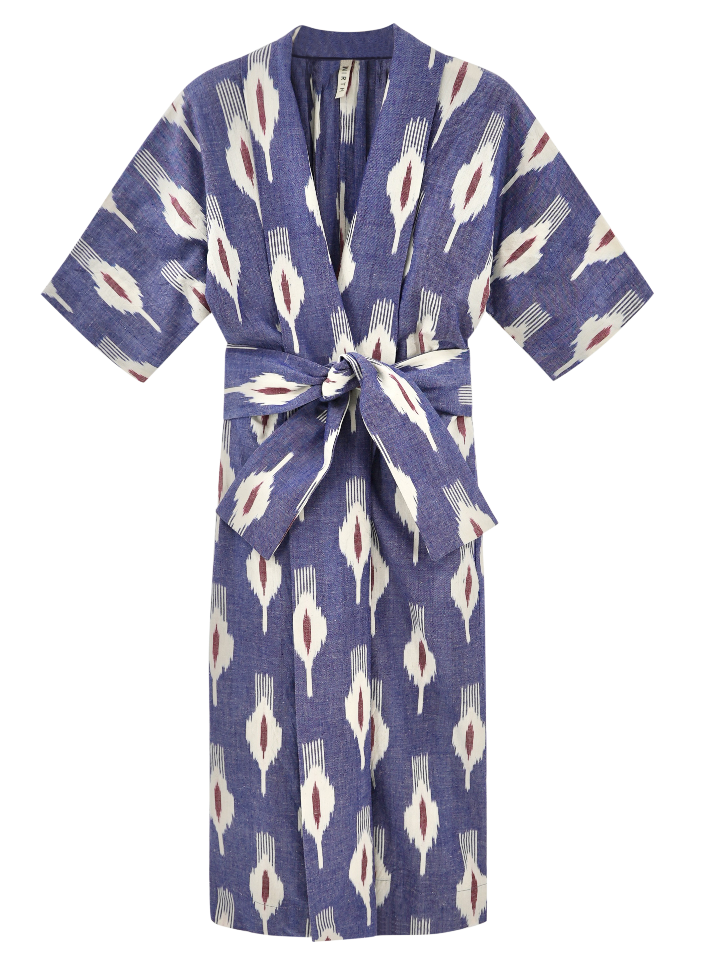 Girl wearing MIRTH women's laos cotton bathrobe in nautical ikat blue cotton