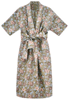 Girl wearing MIRTH women's laos cotton bathrobe in stargazer grey cotton