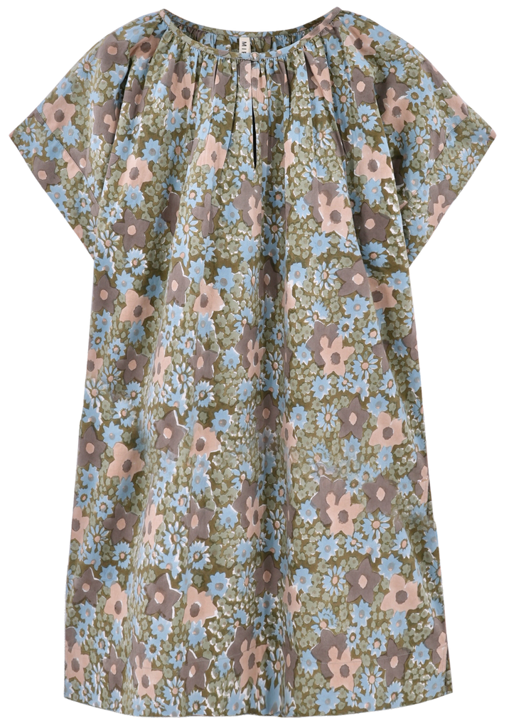 Girl wearing MIRTH women's short nightgown dress in stargazer grey cotton