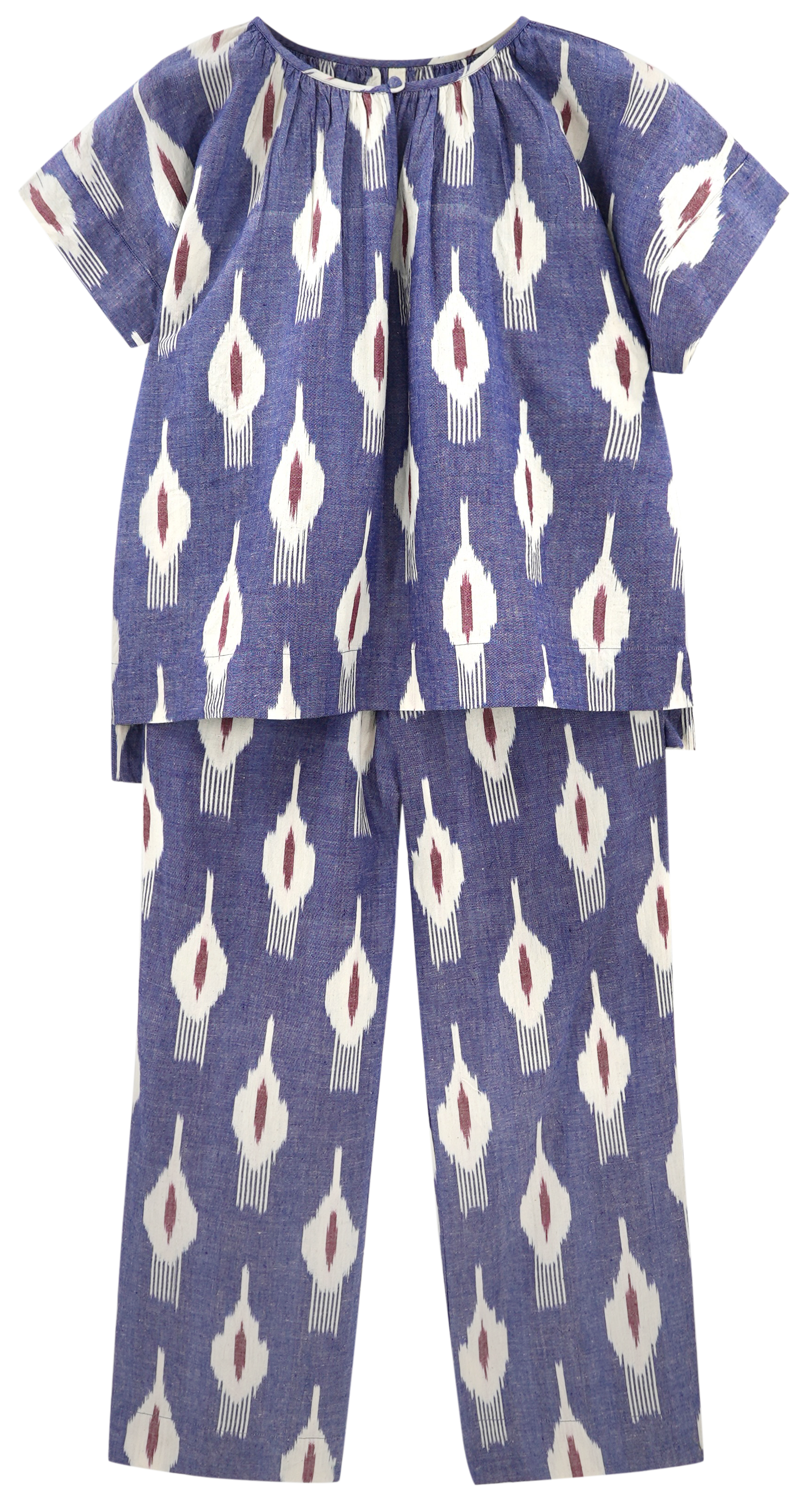 Girl wearing MIRTH women's short sleeve pajama pant set in nautical ikat blue cotton