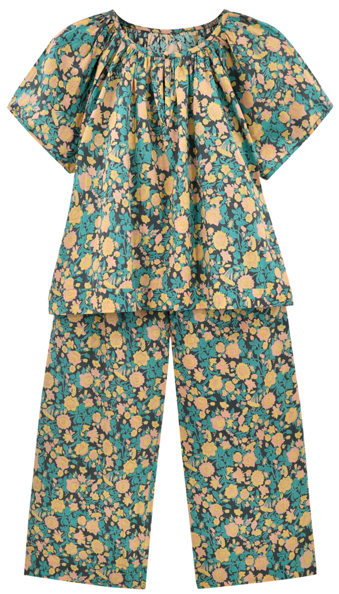 Girl wearing MIRTH women's short sleeve pajama pant set in onyx bloom floral cotton