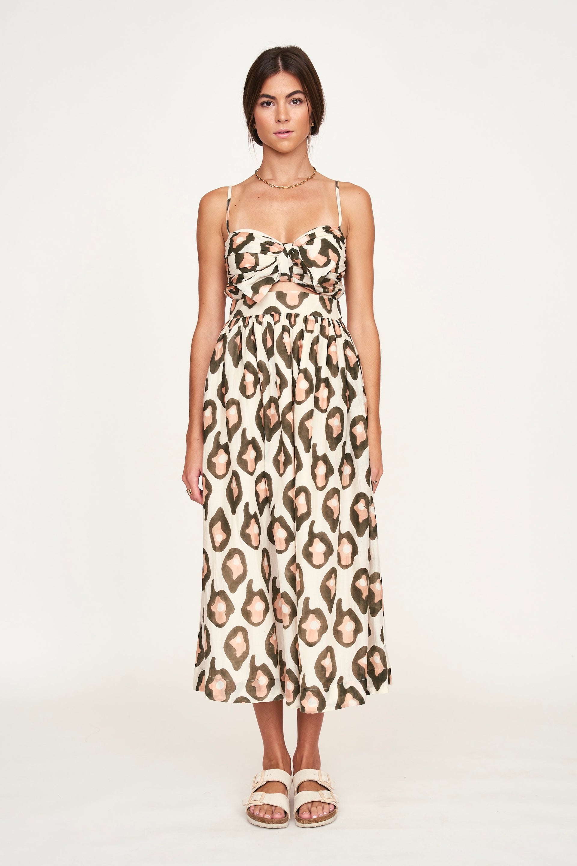 Mirth Providence Midi Dress in Oyster Print, X-Small – Cotton-Silk Blend, Sweetheart Neckline & Cutout Detail
