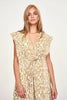 Girl wearing MIRTH women's v neck layered pintuck sleeveless long belted laguna dress in driftwood brown print cotton