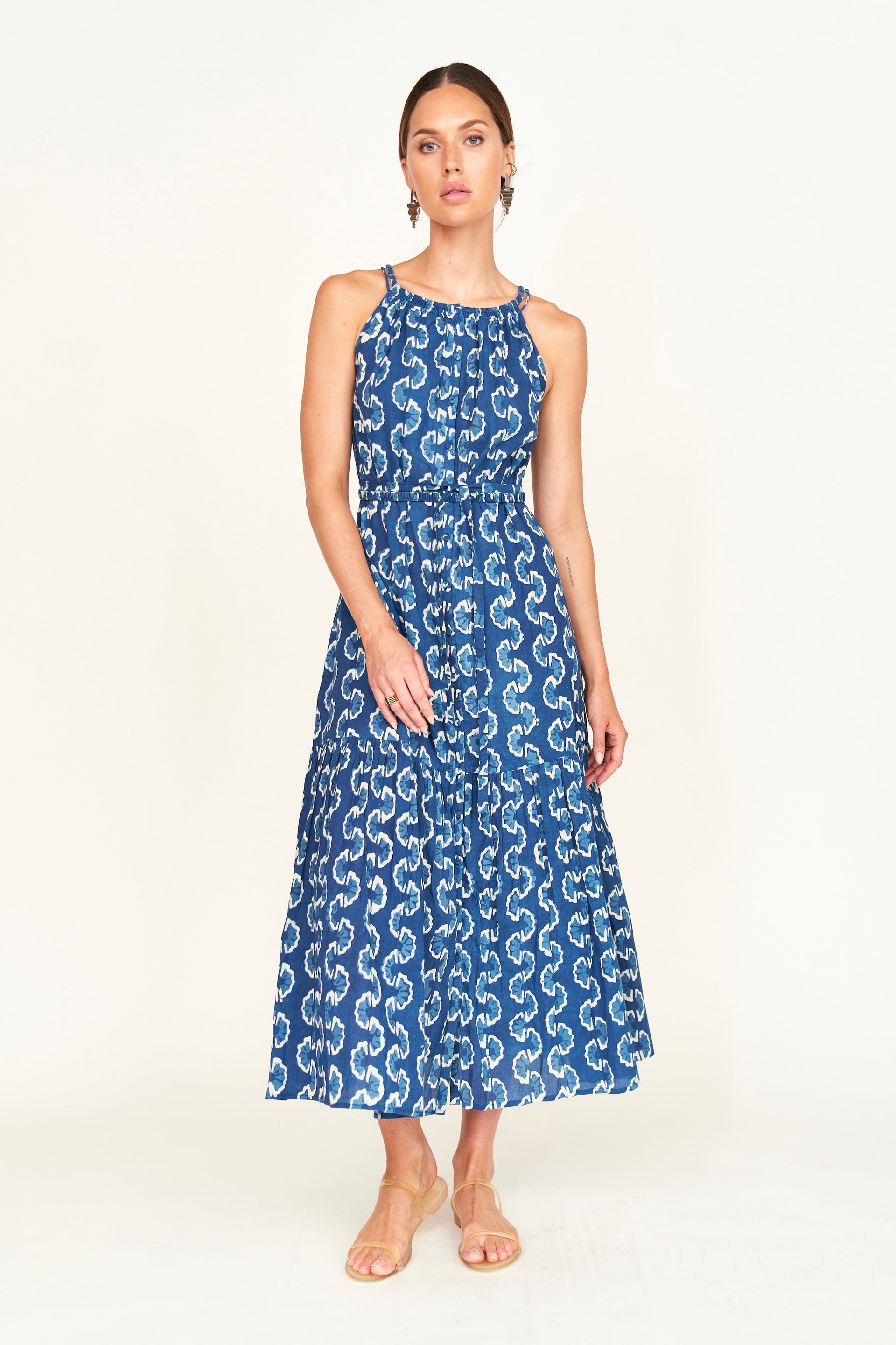 Mirth Indigo Orchard Road Hand-Printed Corsica Cotton Sundress, Large – Ruffle Hem, Pockets & Adjustable Tie Belt