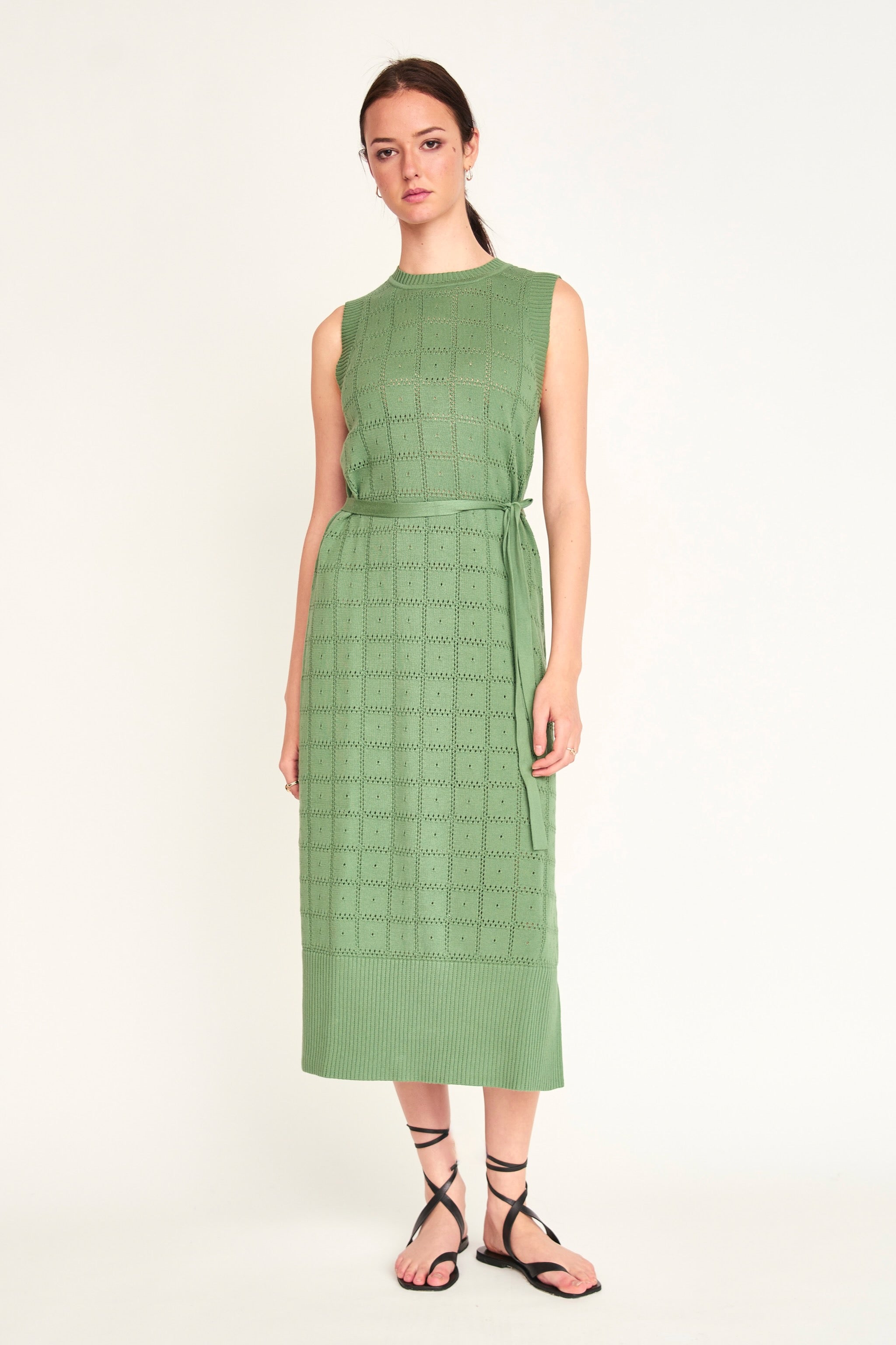 Kona Mint Pointelle Knit Dress, Small – Lightweight Pima Cotton, Sheer Texture, Belted Waist, Low Armholes By Mirth