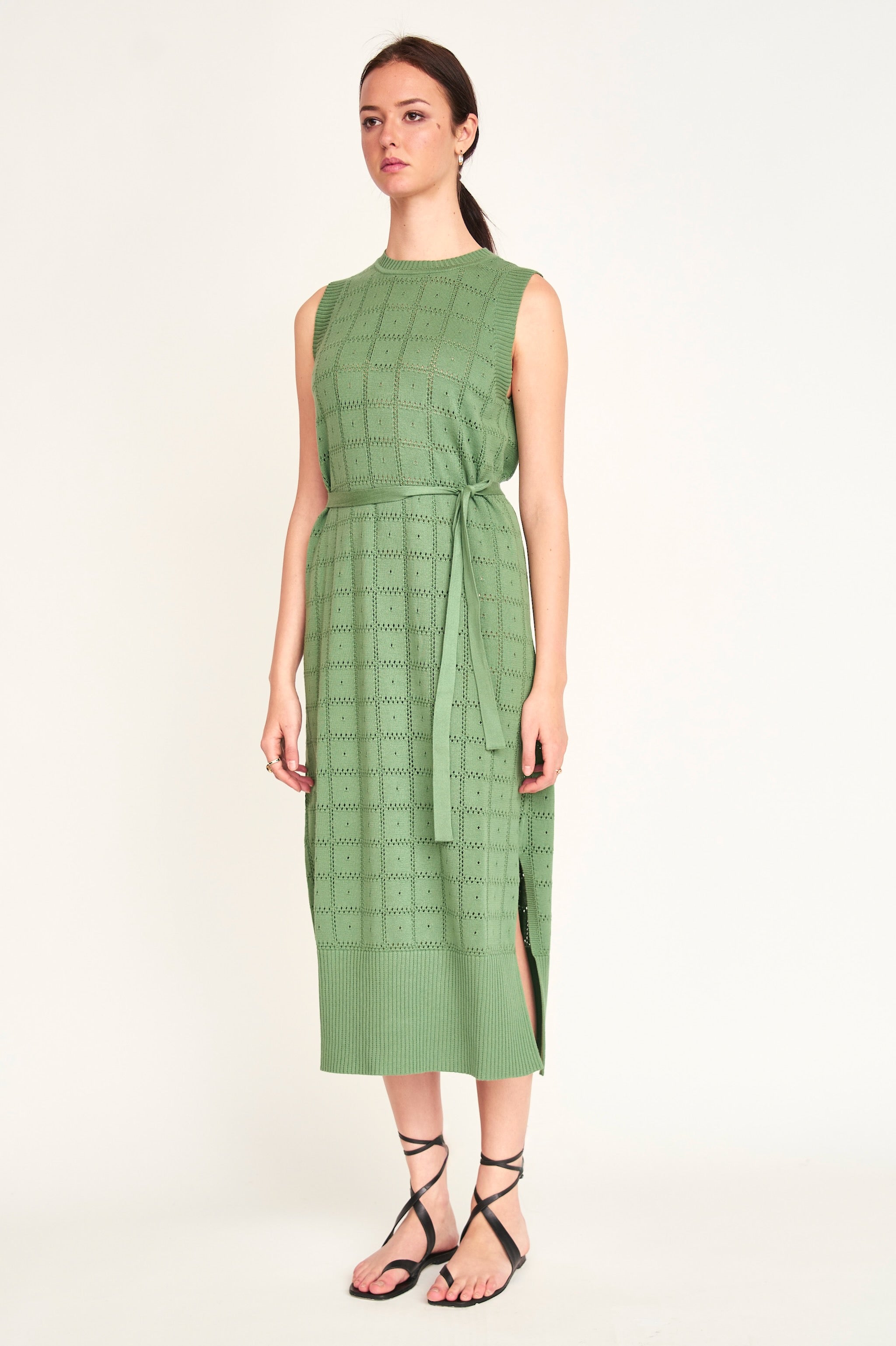 Kona Mint Pointelle Knit Dress, Small – Lightweight Pima Cotton, Sheer Texture, Belted Waist, Low Armholes By Mirth