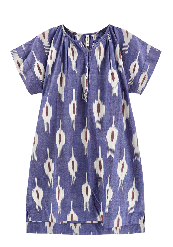Girl wearing MIRTH women's short nightgown dress in nautical ikat blue cotton