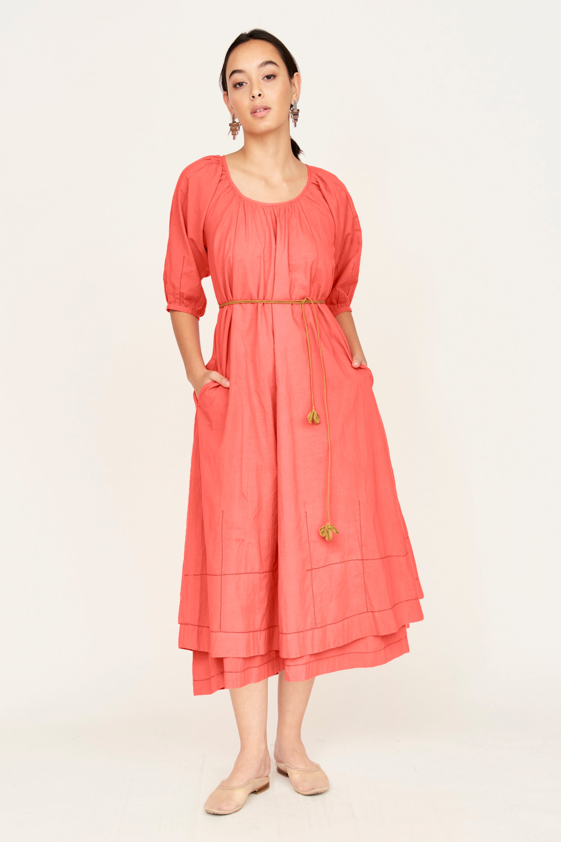 lobster dress Seville Dress in Lobster, Medium – Gathered Cotton-Silk Caftan with Scoop Neck, Petal Belt, Ladder Stitch Detail & Pockets By Mirth