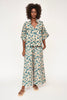 Girl wearing MIRTH women's paperbag waist wide leg palazzo pant in plumeria blue floral cotton